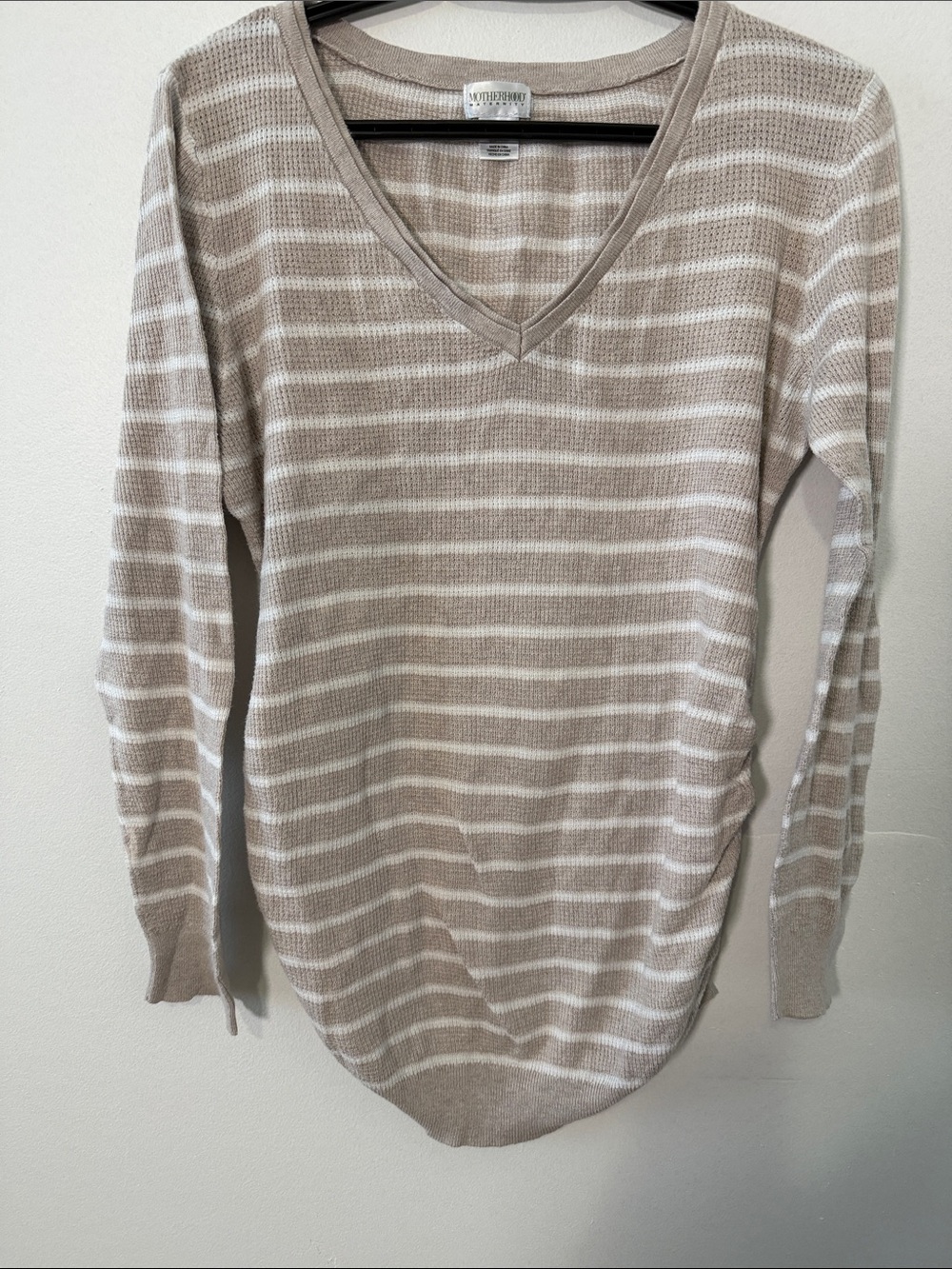 Motherhood Maternity Taupe & White Striped V-Neck Sweater Size L